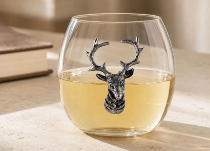 Vagabond House Elk/Deer Stemless Wine Glass, Premium Hand-Blown Crystal, Rustic Lodge Style, Perfect for Red/White Wine, 3.25" Tall, 8 oz - Sold as Single Glass