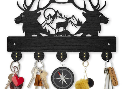 MAYJOYDIY Deer Mountain Forest Coat Hooks Wall Mounted 11.8×7.9inch Black Wooden Deer Key Holder for Wall 5 Alloy Hooks Wall Art Decor Deer Hangers for Towel Key Kitchen Bedroom Entryway Gifts
