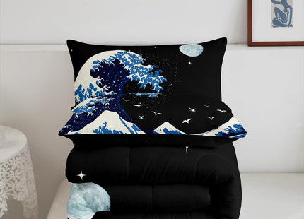 Feelyou Japanese Wave Comforter Set Full Size Japanese Style Comforter for Boys Girls Teens Ocean Wave Bedding Set Sea Waves Duvet Set Room Decor Blue Black Quilt Set