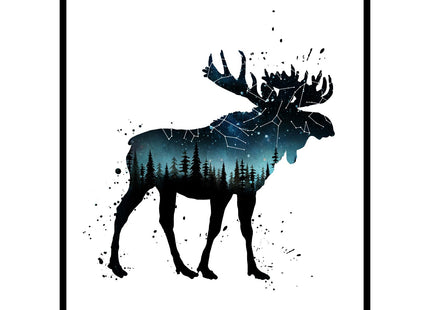 Moose Art Print, Watercolor Forest, Double Exposure Moose, Wild Life Wall Art, Creative Artwork, Gift Idea, Moose, Teal and Navy Color, 8x10 inch No Frame