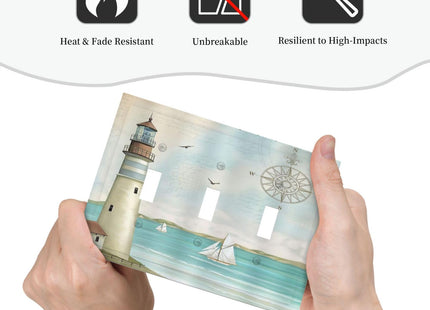 Nautical Lighthouse Ocean Coastal Compass 3 Gang Light Switch Covers Decorative Triple Toggle Wall Plate Electrical Faceplate Switchplate for Country Bathroom Bedroom Home Decor