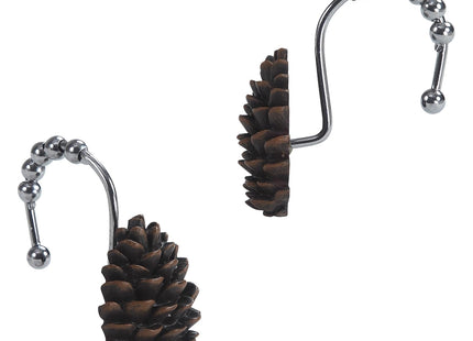 Brown Pinecone Shower Curtain Hooks, Rustproof Rustic Cabin Shower Hooks for Shower Curtain, 5 Roller Ring Balls Lodge Christmas Decorative Bathroom Curtain Hooks, Set of 12