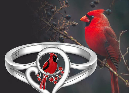 Red Cardinal Gifts Rings for Women Sterling Silver Heart Cardinal Ring
