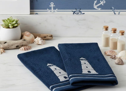 Coastal Guest Navy Fingertip Hand Bathroom Towels, White Lighthouse, 12x18"