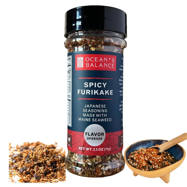 Ocean Balance Spicy Furikake Seasoning w/Cayenne Pepper –Furikake Seasoning w/Sesame Seeds + Maine Coast Seaweed – Great for Sushi Rice, Avocado Toast & Plant-Based Diets