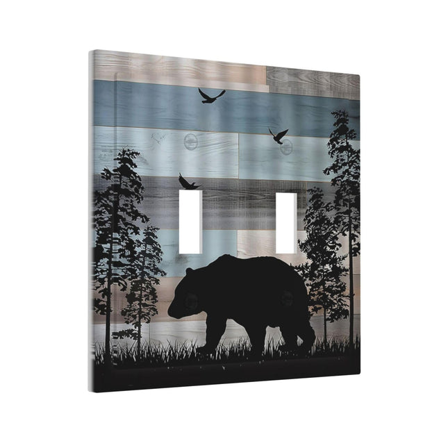 Rustic Bear Tree Vintage Wooden Board Double Toggle Light Switch Cover Decorative 2 Gang Wall Plate Electrical Faceplate Switchplate for Farmhouse Bathroom Home Living Room Kitchen Decor