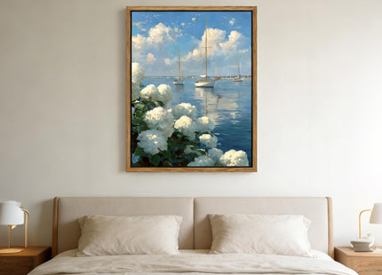 Framed Coastal Hydrangea Sailboat Canvas Wall Art, Blue Seascape Painting Picture with White Hydrangeas, Coastal Wall Decor Artwork for Living Room Bedroom Beach House（12x16in）