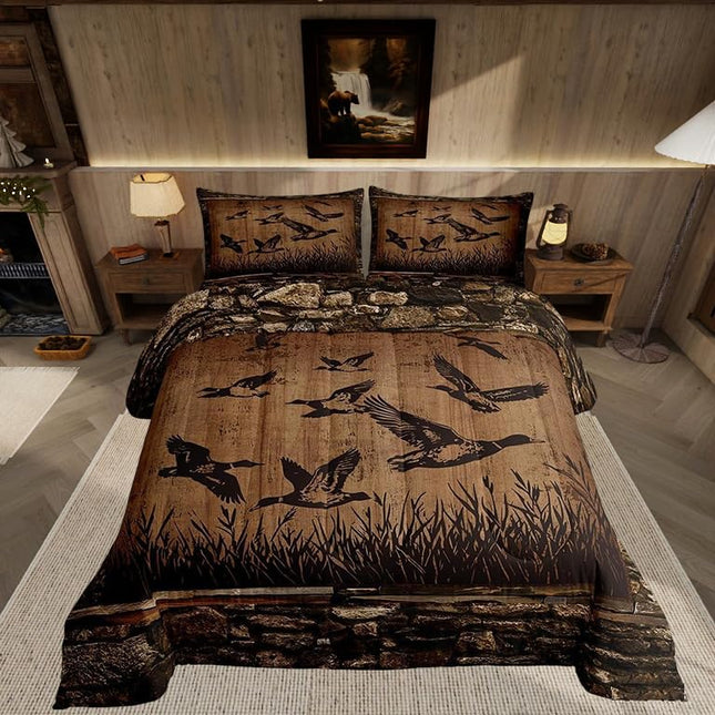 Feelyou Kids Mallard Duck Bedding Set Twin Size Hunting Fishing Theme Comforter Set for Boys Girls Teens Bedroom Decor Cabin Farmhouse Duvet Quilt Vintage Stones with 1 Pillow Case