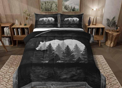 Castle Fairy Lodge Cabin Comforter Set Gray Bear Pine Tree Silhouette Pattern Quilted Duvet with 2 Pillowcases+1 Wild Animal Western Jungle Style Bedding for Teens Adults Full Size 3 Pcs