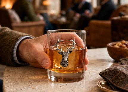 Vagabond House Elk Head Double Old Fashioned Glass - Premium Pewter Accents - 8 oz Whiskey Tumbler - Lodge Style Barware - 4.25 inch Tall
