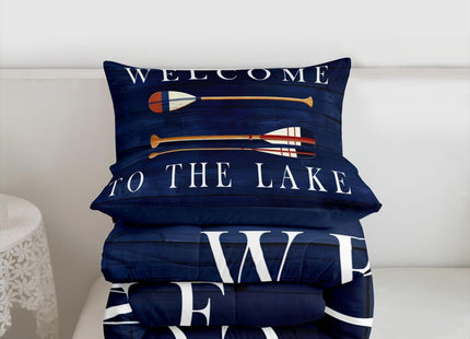 Kids Lake House Comforter Set Twin, Retro Paddle Wooden Bedding Sets For Kids Boys Teens Adult,Rustic Farmhouse Duvet Sets Old Barn Lake Paddle Decor Bedding Comforters Gift For Lake Lover,Dark Blue