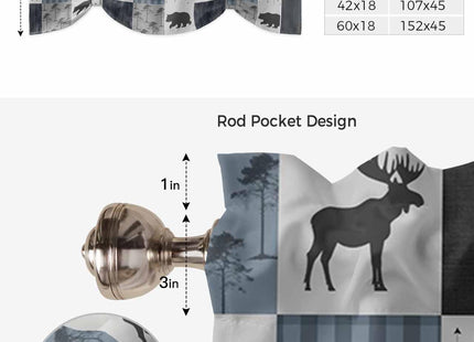 Retro Countryside Bear Moose Tie Up Curtain Valance for Windows/Living Room/Kitchen/Bathroom Farmhouse, Grey Blue Buffalo Plaid Short Rod Pocket Rustic Cabin Curtain Window Treatment, 1 Panel 54x18