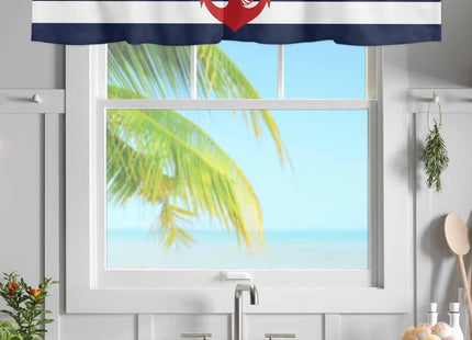 Chucoco Nautical Valance Curtain for Window, Red Anchor Rod Pocket Kitchen Valances Navy Blue White Stripe Short Curtain Panel Windows Treatment Drapes for Bathroom/Bedroom/Living Room