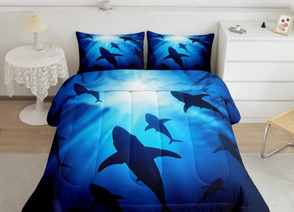 Erosebridal Marine Life Comforter Set Ocean Theme Bedding for Boys Girls, Deep Sea Wildllife Bedding Comforter Sets Whale Killer Shark Duvet Insert, Nautial Hunting Fishing Quilted Comforter Navy 3pcs