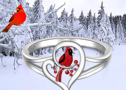 Red Cardinal Gifts Rings for Women Sterling Silver Heart Cardinal Ring