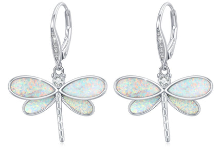 CUOKA MIRACLE Dragonfly Earrings 925 Sterling Silver Hoop Dragonfly Earrings Dangle Drop Opal Earring Dragonflies Jewelry Gifts for Women (White Opal)