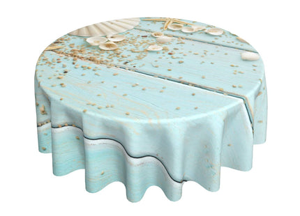 Giwawa Seashell Round Tablecloth, Summer Ocean Starfish on Blue Wooden Board Print, Coastal Beach Sand Circular Table Cover 60 Inch for Dining Kitchen Outdoor Parties Decor, Wrinkle Resistant Washable