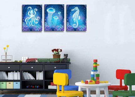 blue Ocean Life Theme Canvas Prints Wall Art Paintings for Living Room Wall Artworks Sea Animal sea horse Octopus jellyfish Pictures Bedroom Decorations 3 Panels Home bathroom Wall decor posters