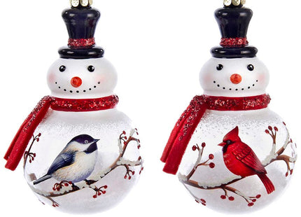 Kurt Adler C6315 Glass Snowman with Cardinal and Chickadee Decorative Holiday Christmas Tree Festive Ornament Set with Gold Chain (2 Pack)