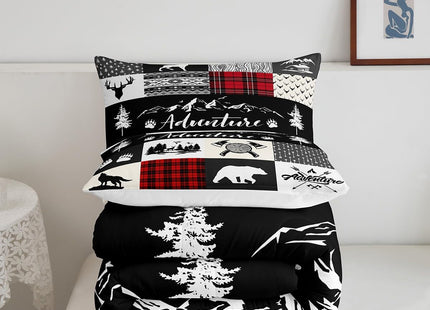 Castle Fairy Bear Deer Kids Comforter Set Twin Size,Hunt Arrow Adventure Wildlife Patchwork Bedding Set for Kids Boys Men,Red Check Boho Aztec Cabin Decor Quilted Duvet Set with 1 Pillowcase