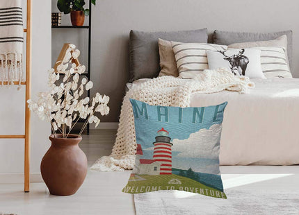 HOSNYE Maine Lighthouse Cotton Linen Throw Pillow Case Retro Style Travel United States Pillow Cushion Covers Home Sofa Decorative 18 X 18 Inch