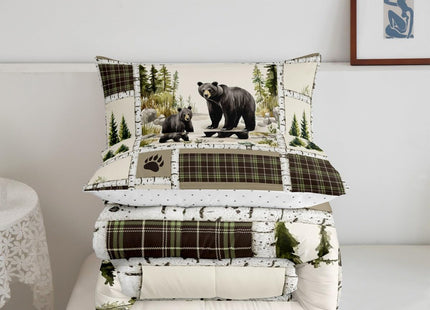 Rustic Lodge Bear Queen Comforter Set with Retro Buffalo Check Plaid Patchwork Quilt for Country Cabin Decor, Hunting Wild Animal Duvet Insert and Bedding with 2 Pillowcases