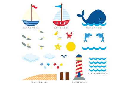 Nautical Fabric Wall Decals, Ocean Scene with Pelican, Sailboats, Lighthouse, Whale and More, Repositionable and Reusable