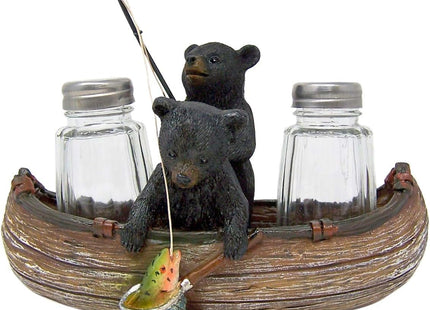 De Leon Collections Polyresin Black Bear Fishing in a Canoe Boat Rustic Outdoor Themed Salt and Pepper Shaker Holder Set