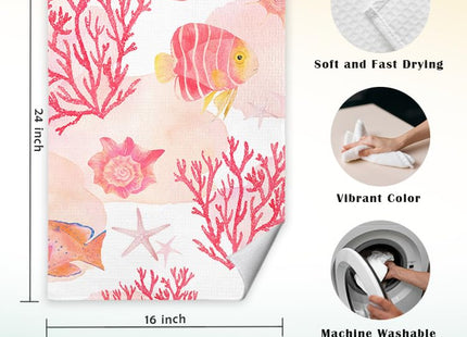 JINYO Pink Coral Ocean Beach Kitchen Towels Set of 2, Red Seashell Coral Coastal Beach Hand Towels for Bathroom Kitchen Decor, Nautical Decorative Dish Tea Towels
