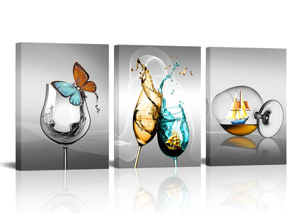LyerArtork 3 Pieces Kitchen Canvas Wall Art Wine Glass with Butterfly Sailboat Picture Print on Gray Background Painting Modern Restaurant Dining Room Artwork Wall Decor Framed 12x16inchx3pcs