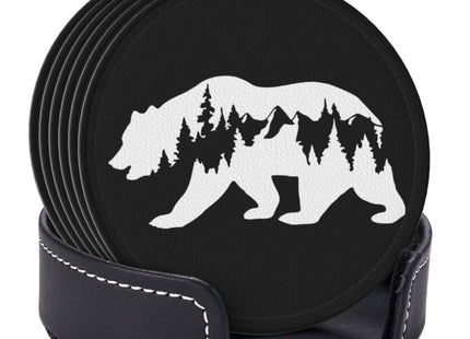 Niukom 6 Pcs Hiking Bear Mountains Camper Leather Coasters for Drinks with Holder Coaster Sets Drink Table Cup Coasters for Living Room Kitchen Coffee Decor