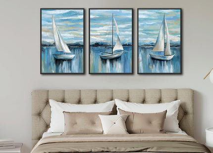 Large Framed Sailboat Wall Art, Tranquil Beach Decor, 24"x36" Set of 3