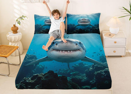 Feelyou Kids Shark Fitted Sheet Ocean Creature Bed Sheet Set Deep Pocket Sea Animal Bedding Baby/Boys Full Size Includes 1 Sheets & 2 Pillowcases (No Flat Sheet)