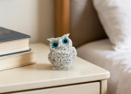 PinpinPony Owl Statue, Natural Gemstones Decor for Home Office, Shelf Display Figurine, Handcrafted Unique Owl Sculpture(White)