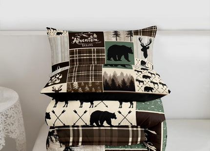 Rustic Patchwork Twin Bed Comforter Set, Hunting Deer Bear Bedding Retro Cabin Lodge Decor Quilt For Kids Boys Teens Men, Woodland Country Wild Animal Down Comforter Adventure Camping Decor, Brown