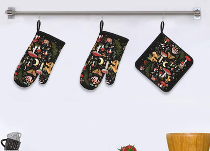 Black Mushroom Oven Mitts and Pot Holders Sets of 3 Witchy Hot Pads