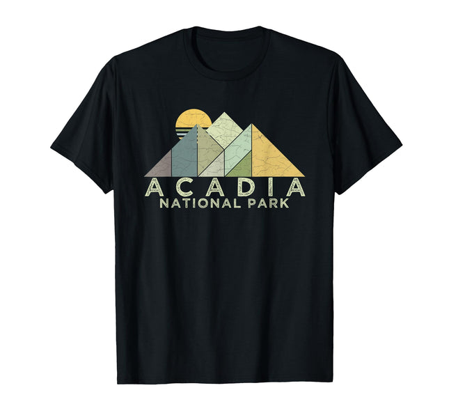 Retro Acadia National Park Distressed Hiking T-Shirt, Men, Black, Small