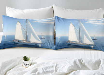 Erosebridal Sailing Boat Comforter Cover Nautical Bedding Set Sea Wave Print Duvet Cover Sea Landscape Bedspread Cover, Blue Breathable Decoration 1 Duvet Cover with 2 Pillow Cases Queen Size