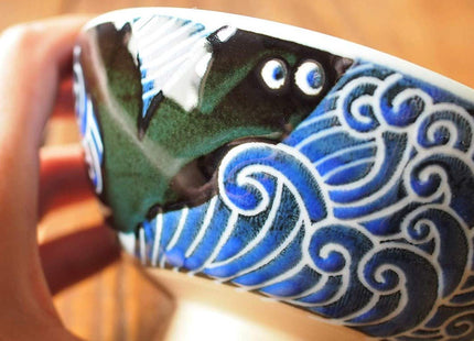 Minorutouki Rice Bowl Extra Large White Wave Whale Blue φ5.8×H2.6in 7.76oz Made in Japan
