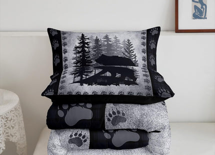 Rustic Bear Kids Comforter Set Toddler Size,Wild Animal Pine Trees Retro Bedding Set for Boys Men,Grid Plaid Hunt Cabin Decor Quilt Set Bear Paw Print Polyester Duvet Set with 1 Pillowcase, Gray