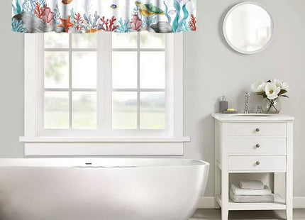JanJCurt Sea Turtle Window Valance, Teal Blue Ocean Underwater Animal Starfish Fish Nautical Coastal Rod Pocket Short Curtain Valance for Living Room Bathroom Kitchen, 54x18in