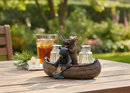 Comfy Hour Bear Salt and Pepper Shakers with Holder, Moose Canoe Set