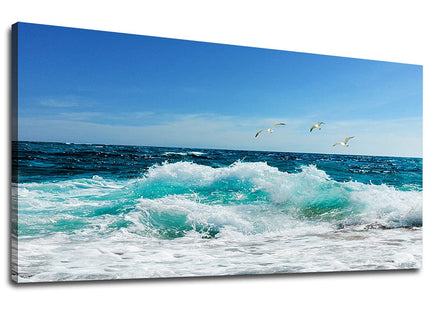 tigeridge Sea Beach Canvas Wall Art for Living Room Wall Decor Ocean Waves Canvas Pictures Blue Surfing Water Seagull Canvas Prints Artwork Office Home Wall Decorations Framed Ready to Hang 24" x 48"