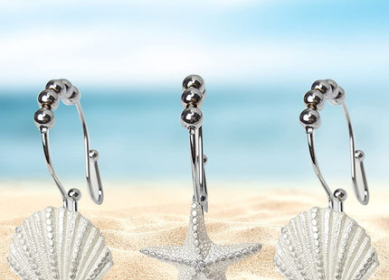 Starfish & Seashell Stainless Steel Rust Resistant Double Hooks Glide Shower Curtain Ring Hangs Holder for Bathroom Home Decor