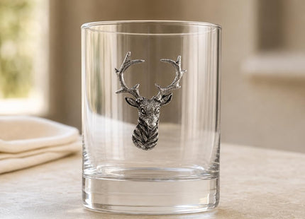 Vagabond House Elk Head Double Old Fashioned Glass - Premium Pewter Accents - 8 oz Whiskey Tumbler - Lodge Style Barware - 4.25 inch Tall
