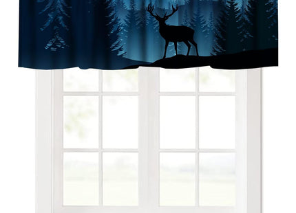 JanJCurt Misty Mountain Deer Valance Curtain, Rustic Retro Blue Foggy Forest Landscape Nature Woodland Wild Animal Deer Print Blackout Window Drape for Kitchen Bedroom, 54x18inch