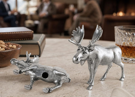 Vagabond House Moose Salt and Pepper Set - Rustic Pewter Shakers for Lodge Decor - 4.5 Inch Tall