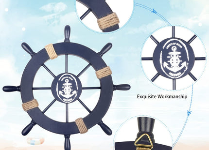 Meching 2 Pack 11" Nautical Beach Wooden Ship Wheel and 13" Wooden Anchor with Rope Nautical Boat Steering Wheel Rudder Anchor Wall Art Decor Door Hanging Ornament Beach Theme Home Decoration(Blue)
