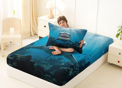 Feelyou Shark Bed Sheet for Kids Ocean Creature Sheet Set Sea Animal Fitted Sheet 1 Flat Sheet & 1 Sheet with 1 Pillowcase (Twin)