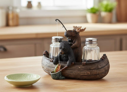 Comfy Hour Bear Salt and Pepper Shakers with Holder, Moose Canoe Set